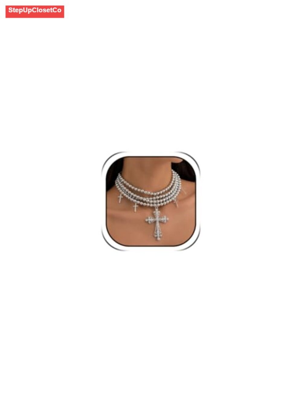 Chunky Layered Pearl Cross Necklace CZ Pendant Gothic Choker Statement Jewelry